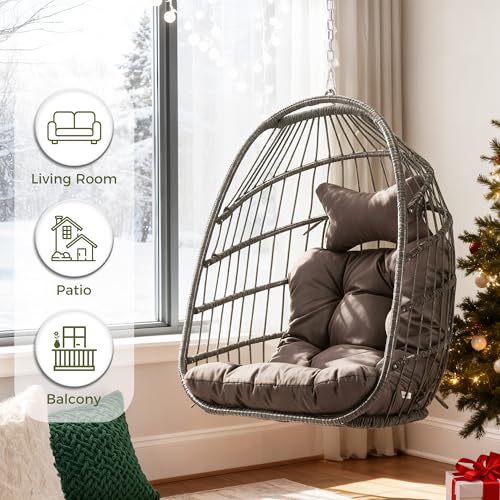 RADIATA Outdoor Egg Chair Without Stand, Foldable Durable Rattan Wicker Hanging Swing Basket, 350 Lbs Heavy-Duty Hammock Chair with Cushion for Patio Balcony Garden Ceiling or Tree Mount, Dark Gray