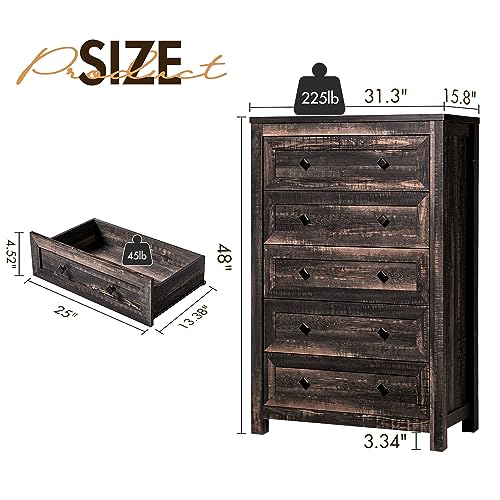 VanAcc 5 Tall Dresser for Bedroom with Drawers, Tall Chest of Drawers with Vintage Grain Texture, Farmhouse Wood Dresser for Bedroom, Living Room, Hallway, Dark Oak - WoodArtSupply