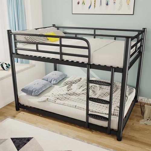 AUEYTVR Metal Full Over Full Size Bunk Bed for Adults & Kids,Low Profile Bunkbeds with Length Guardrail and Ladder, No Box Spring Needed,Space Saving,Black AUEYTVR