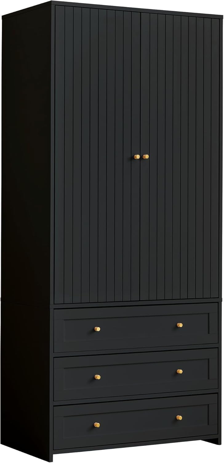 PHOYAL 71" Wardrobe Closet Armoire, Wardrobe Armoire Wooden with 2 Doors, 3 Drawers Household Freestanding Wooden Closet Storage Cabinet for Bedroom (Black) PHOYAL