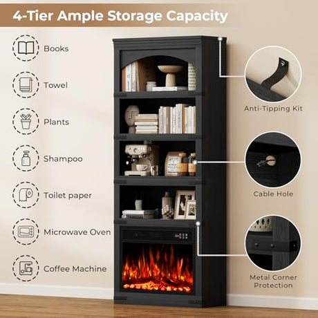 BREEZEHEAT 23 Inch Electric Fireplace with Bookcase, 70" Tall Arched Bookshelf w/LED Light, Timer, Realistic Flame Effect, Modern Storage Accent Bookshelf for Home, Office, Living Room, Black BREEZEHEAT