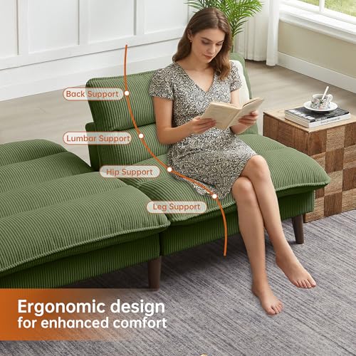 Portaforta 72" Convertible Futon Sofa Bed, Loveseat Sofa, Corduroy Folding Futon Set with Adjustable Backrest &Armrests, Recliner Lounge for Living Room, Apartment or Office, Solid Wood Frame, Green Portaforta