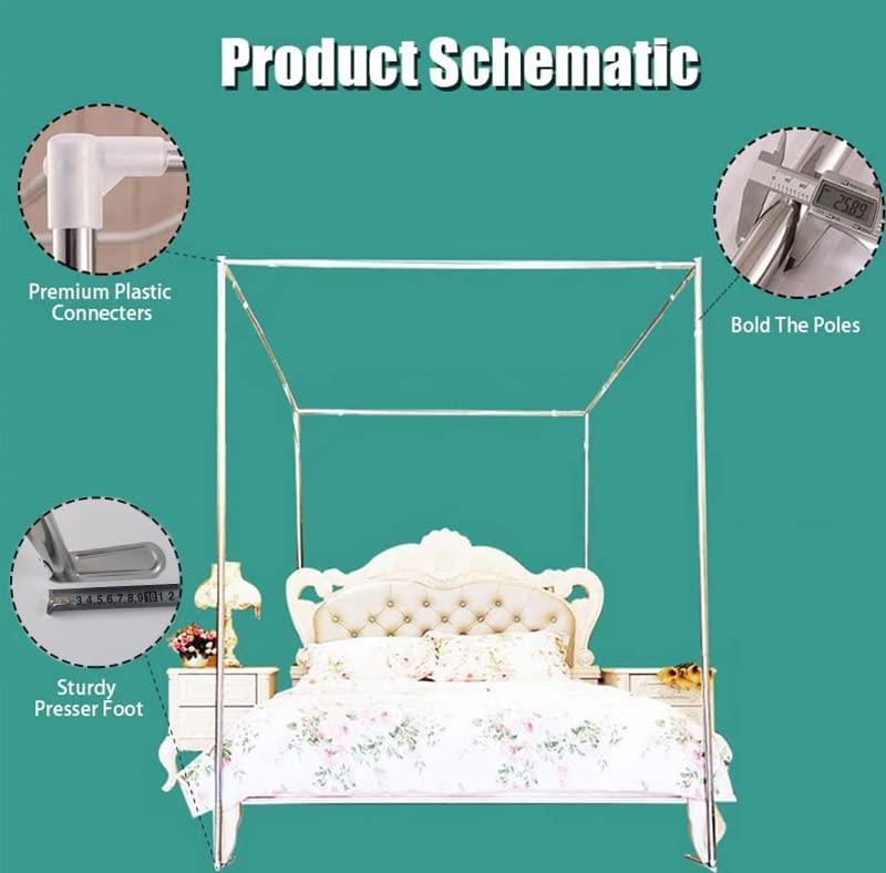 Mengersi Canopy Bed Frame Post Poles King Size Stainless Steel 4 Corner Canopy Bed Curtains Frame Bracket Fit for Metal and Wood Bed