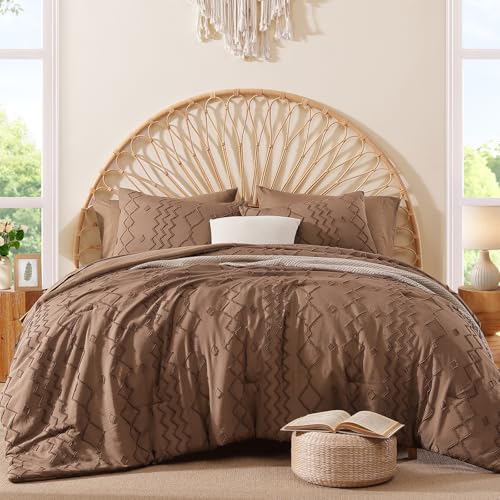 AMBERSPACE King Size Comforter Set Brown, Tufted Geometric Boho Bedding Farmhouse Bed Set, All Season 7 Pieces Bed in a Bag with Sheets, Pillowcases & Shams AMBERSPACE