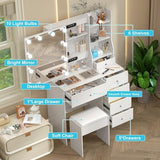 Teousev Small Vanity Desk with Mirror and Lights,White Vanity with 6 Drawers 6 Shelves 1 Chair,3 Lighting Colors Adjustable,31.5" L*14.2" W*51.2" H Teousev