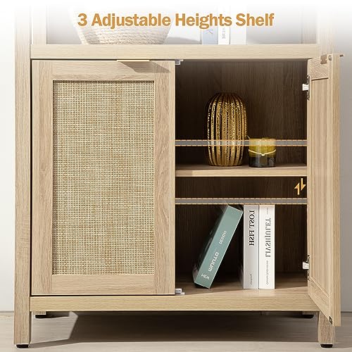 SICOTAS 5-Tier Rattan Boho Bookshelf with Doors - Tall Farmhouse Storage Bookcase for Living Room, Bedroom, and Office SICOTAS