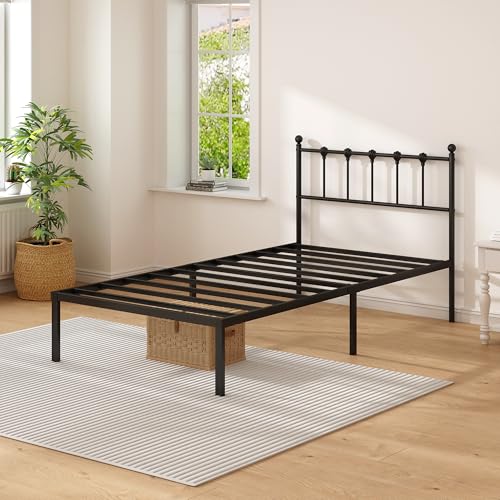 Kujielan Twin Size Bed Frame with Modern Headboard, Metal Platform Bed Base with Strong Support, No Box Spring Needed, Easy Assembly, Noise Free，Black Kujielan