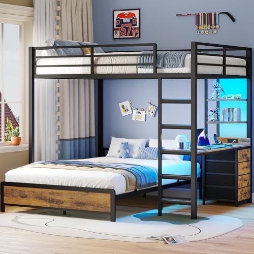 ADORNEVE Bunk Bed with Desk, Full Over Full Bunk Beds with Charging Station & Led Lights, 4 Storage Drawers & 2 Open Storage Shelves, Metal Loft Bed with Safety Guardrail & Ladder for Kids/Teen, Black ADORNEVE