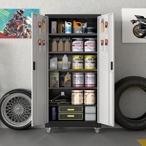 Aobabo 71" H×32" W×16" D Metal Storage Cabinet with Wheels, Garage Steel Storage Cabinet with 5 Adjustable Shelves and 4 Hooks for Home Office,Kitchen, Black Silver,Assembly Required Aobabo