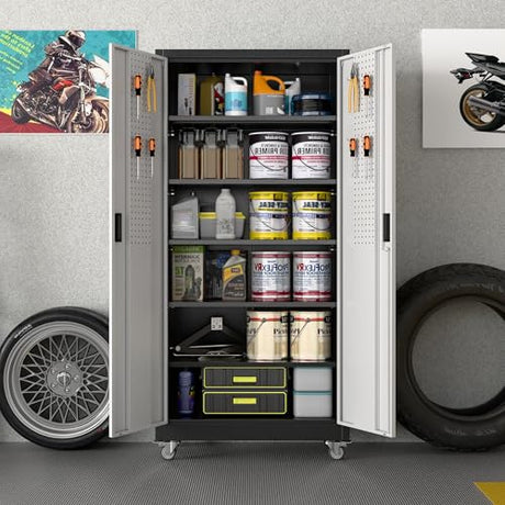 Aobabo 71" H×32" W×16" D Metal Storage Cabinet with Wheels, Garage Steel Storage Cabinet with 5 Adjustable Shelves and 4 Hooks for Home Office,Kitchen, Black Silver,Assembly Required Aobabo