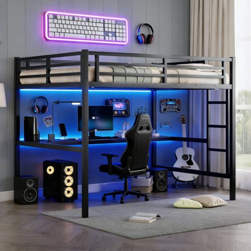 Bellemave Full Loft Bed with Desk and LED, Metal Full Loft BedFrame with guardrail and Ladder for Adults, Kids, Teens, Black Bellemave