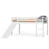 KOTEK Twin Loft Bed with Slide, Kids Low Loft Bed with Ladder & Slide, Wooden Single Bed Loft Bed w/Slats & Safety Guard Rail for Children (White) KOTEK