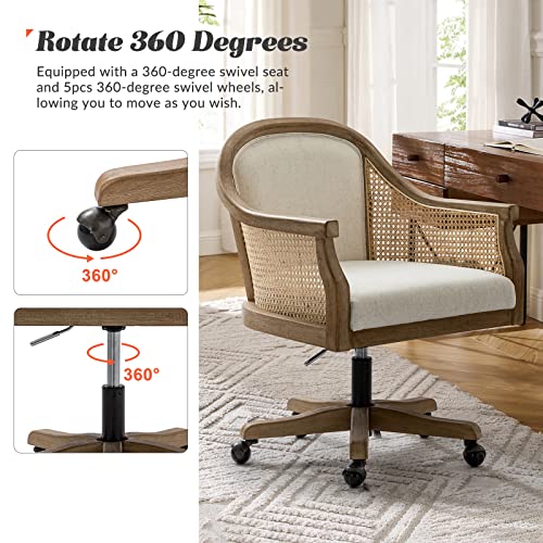 HULALA HOME Rattan Desk Chair, Upholstered Home Office Chair, Vintage Office Chair with Armrest, Adjustable Swivel Rolling Height Task Chair for Living Room Bedroom Study Room, Ivory HULALA HOME