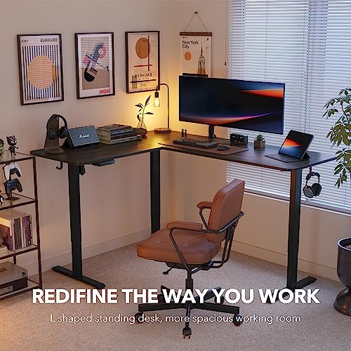 FEZIBO 63" L Shaped Standing Desk Height Adjustable, Electric Stand up Corner Desk, Sit Stand Home Office Desk with Splice Board, Black Frame/Black Walnut Top - WoodArtSupply