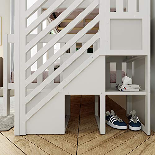 Max & Lily Bunk Bed, Twin-Over-Full Bed Frame For Kids With Stairs, White Max & Lily