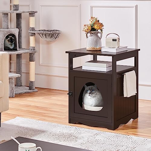 Yaheetech Cat Litter Box Enclosure, Hidden Litter Box Furniture with Open Shelf, Indoor Cat Washroom, Storage Cabinet Pet Crate, Side End Table, Wooden Pet House Espresso Yaheetech