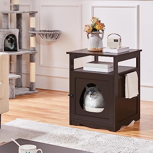 Yaheetech Cat Litter Box Enclosure, Hidden Litter Box Furniture with Open Shelf, Indoor Cat Washroom, Storage Cabinet Pet Crate, Side End Table, Wooden Pet House Espresso - WoodArtSupply