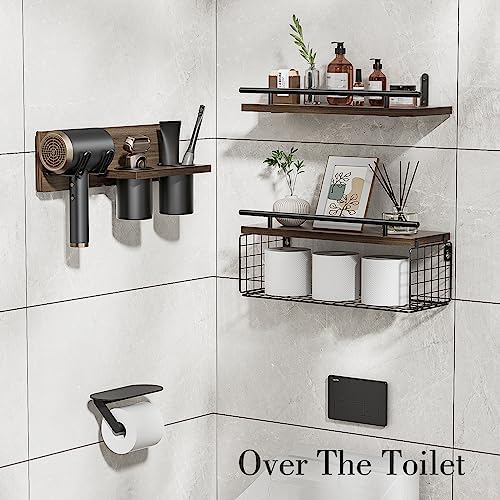 RoleDes Bathroom Floating Shelves with Hair Dryer Holder - Wall Mounted Wood Wall Shelf with Blow Dryer Storage Over The Toilet - Set of 3 Rustic Brown Farmhouse Decor RoleDes