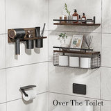 RoleDes Bathroom Floating Shelves with Hair Dryer Holder - Wall Mounted Wood Wall Shelf with Blow Dryer Storage Over The Toilet - Set of 3 Rustic Brown Farmhouse Decor RoleDes