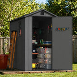 Greesum 4×6FT Plastic Outdoor Storage Shed with Floor, Resin Storaged Sheds with Lockable Door, Window & Vent, All-Weather Tool Sheds for Garden, Backyard, Patio, Dark Gray (One-Piece Panel) Greesum