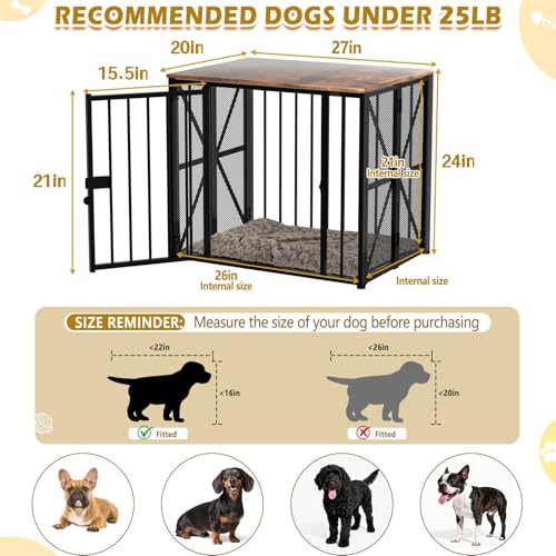 Dog Crate Furniture Foldable with Dog Bed Mat, 27" No Assembly Decorative Dog Kennel Indoor, Heavy Duty Small Collapsible Dog Crates for Small Dogs (Under 25 lb), Wooden Dog Cage TNELTUEB