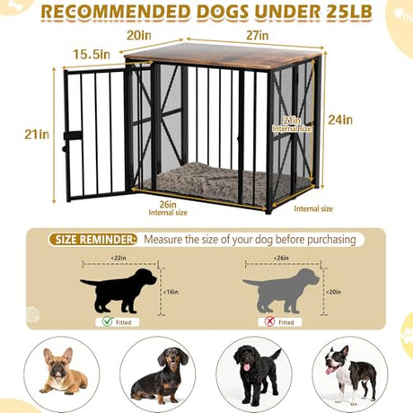 Dog Crate Furniture Foldable with Dog Bed Mat, 27" No Assembly Decorative Dog Kennel Indoor, Heavy Duty Small Collapsible Dog Crates for Small Dogs (Under 25 lb), Wooden Dog Cage TNELTUEB