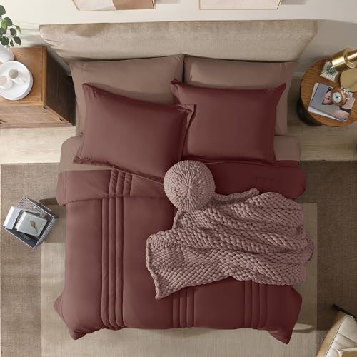 Monbix Queen Comforter Set - 7 Pieces Dark Red Bed in a Bag Queen Bedding Sets with Comforters, All Seasons Comforter Bed Set with Sheets, Pillowcases & Shams Monbix