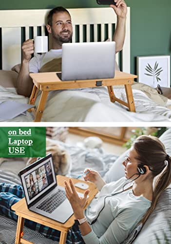 Laptop Desk Nnewvante Table Adjustable Bamboo Foldable Breakfast Serving Bed Tray w' Tilting Top Drawer - WoodArtSupply