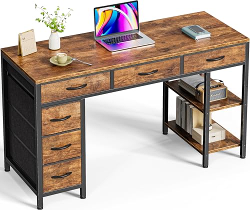 Huuger Computer Desk with 6 Drawers, 47 Inch Office Desk with Shelves, Reversible Gaming Desk, Corner Desk with Storage, Work Desk for Home Office, Study, Living Room, Rustic Brown Huuger