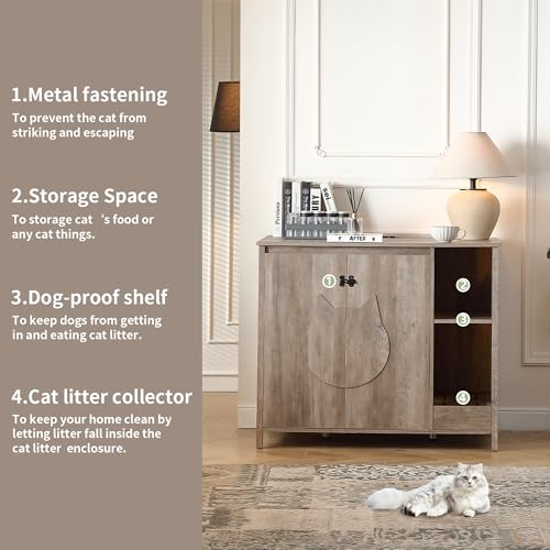 FOREST GRAVITY Cat-Faced Doors Cat Litter Robot Enclosure,Automatic Litter Box Enclosure for Litter Robot 3/4,Power Outlet for Litter Robot Cabinet,Litter Collector,Dog-Proof Adjustable Shelf,Grey FOREST GRAVITY