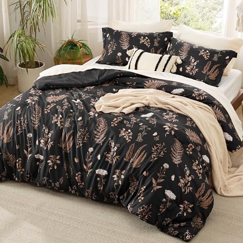 Bedsure Comforter Set King Size - Cute Floral Comforter, Black Bedding Comforter Sets, 1 Soft Reversible Botanical Flowers Comforter and 2 Pillow Shams Bedsure