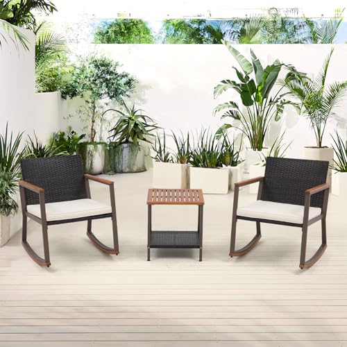 Relyblo Wicker Rocking Bistro Set of 3, Outdoor Rocker Chair Furniture Conversation Sets with Coffee Table & Cushions, Patio Rattan for Balcony, Lawn, Porch Poolside, Black - WoodArtSupply