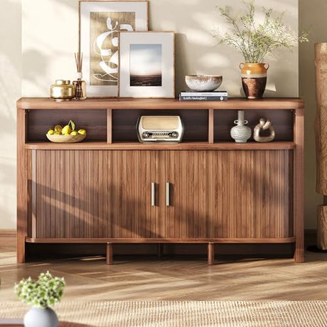 IRONCK 55" Sideboard Buffet Cabinet with Storage, Fluted Credenza with Sliding Door & Open Shelf, Mid Century Modern Accent Coffee Bar Console Table for Kitchen, Living Room, Entryway, Walnut IRONCK