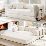 KSTNLUXQ 79" Corduroy Sofa Bed, Boneless Couch in a Box with 2 Pillows, High-Density Foam 4-in-1 Foldable Sleeper Futon Loveseat for Small Spaces, No Assembly, Side Pockets, Round Arm White KSTNLUXQ