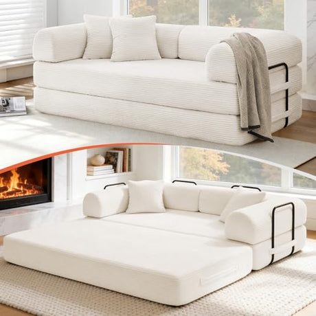 KSTNLUXQ 79" Corduroy Sofa Bed, Boneless Couch in a Box with 2 Pillows, High-Density Foam 4-in-1 Foldable Sleeper Futon Loveseat for Small Spaces, No Assembly, Side Pockets, Round Arm White KSTNLUXQ
