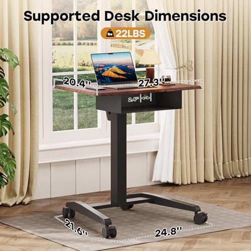 JOY worker Height Adjustable Rolling Laptop Desk with Shelf,Mobile Standing Desk,Pneumatic Mobile Laptop Table with Wheels for Couch Home Office School,Holds Up to 22lbs,Dark Walnut JOY worker