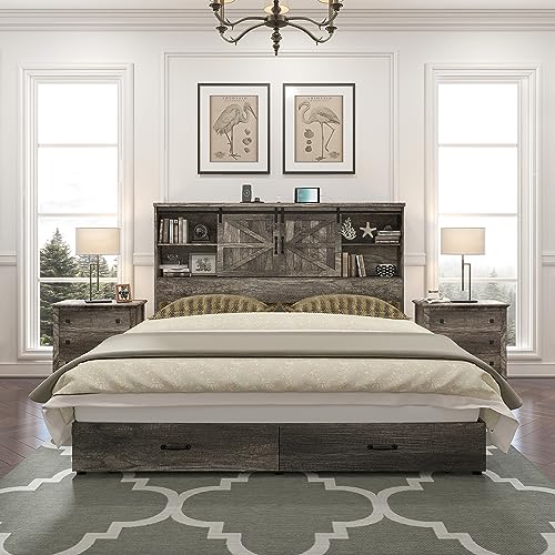 HOWE Rustic Grey King Size Wood Platform Bed with Bookcase Headboard and Barn Door Storage - WoodArtSupply