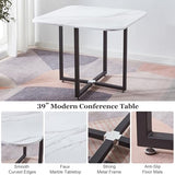 Square Dining Table Set for 4, 39" Small Conference Tables Set, Faux Marble Negotiation Table with Strong Metal Frame and 4 White PU Leather Upholstered Chairs, for Meeting Room, Office, Apartment AMHDDT