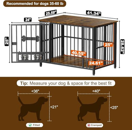 Easycom Dog Crate Furniture Foldable, No Assembly Decorative Dog Kennel Indoor, Dog Crates for Large Dogs(35-60 lb), Wooden Dog Cage with Adjustable Bowls and Name Tag, End Table, Rustic Brown EasyCom
