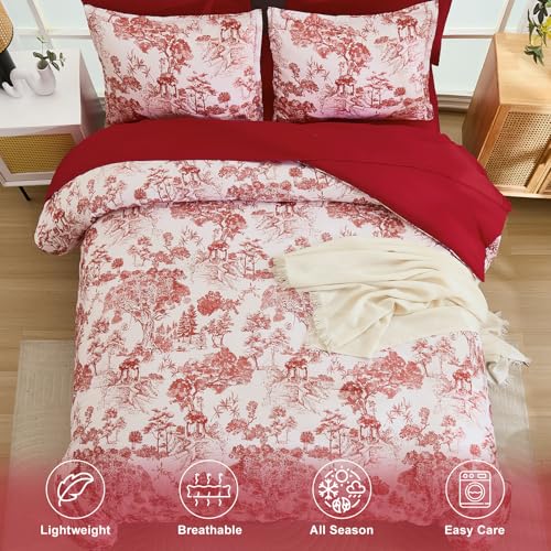 DJY King Size Comforter Set, Red 7 Pieces Bed in a Bag King Botanical Comforters with Sheets Elegant Plants Print Christmas Soft Microfiber Reversible Complete Bedding Sets for All Season