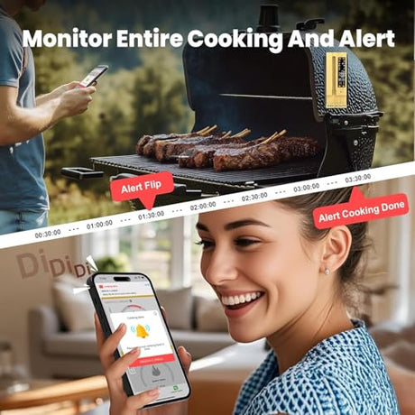 BBQOVN WiFi Sub-1G Wireless Meat Thermometer Unlimited Range 7 NIST Certified Sensors with Ambient Temp 2 Temp Monitoring Ways Digital Smart Base and App for BBQ, Smoker, Grill, Oven (Dual Probes) BBQOVN
