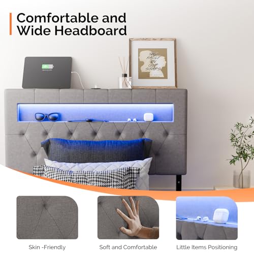 VINGLI Twin Floating Bed Frame with Upholstered Headboard,Charging Station/LED Lights, Modern Platform Bed,Heavy Duty Metal Bed Frame,Adjustable Headboard, No Box Spring Needed, Easy Assembly,Grey VINGLI