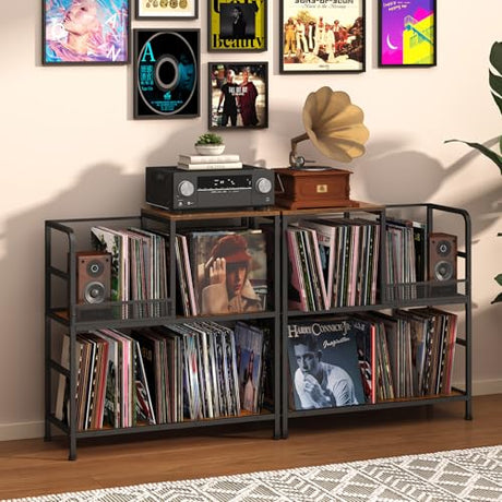 Huxitocan Record Player Stand Holds Up to 150 Albums with 4 Adjustable Dividers, Vintage Turntable Stand, End Table Vinyl Record Holder Huxitocan