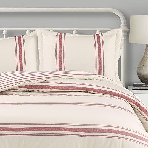 Lush Decor Farmhouse Stripe Reversible Cotton Comforter Set, 3 Piece Set, King, Red - Cozy Farmhouse Bedding Set - Rustic Decor - Striped Comforter - Modern Farmhouse Bedroom Decor Lush Decor