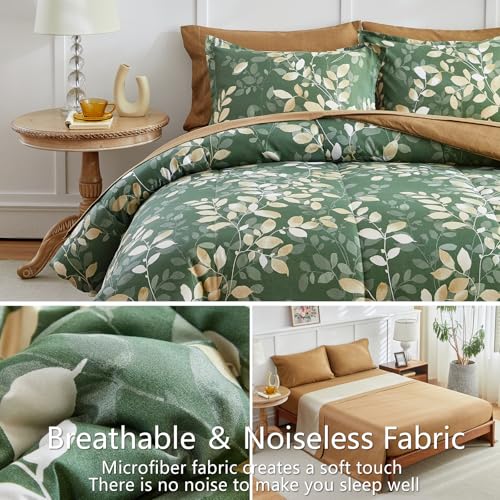 AIKASY 6-Piece Comforter Set Bed in a Bag, Twin Size, Green Leaf Pattern - Bedding Set with Comforter, Pillow Shams, Fitted Sheet, and Pillowcases - Soft and Cozy All-Season Bedding (Green) AIKASY
