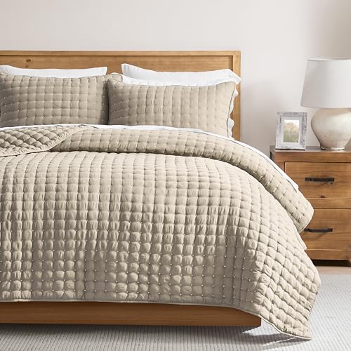 WDCOZY Beige King Size Quilt Bedding Sets with Pillow Shams, Tan Cream Lightweight Bedspread Coverlet, Quilted Blanket Thin Comforter Bed Cover, All Season Summer Spring, 3 Pieces, 104x90 inches WDCOZY