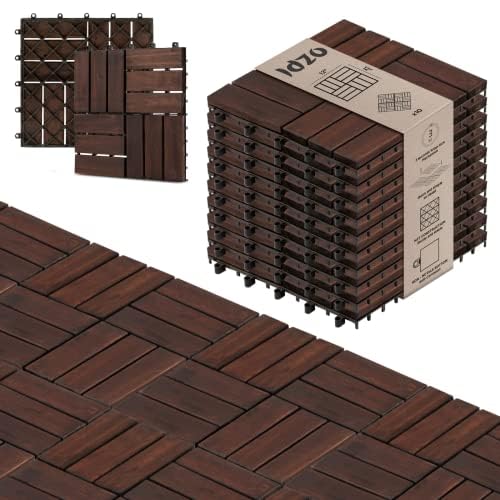 Idzo Interlocking Deck Tiles - 10PCS Waterproof Acacia Wood Patio Tiles, Floor Tiles for Balcony, Backyard, Indoor and Outdoor use - Decking Checker Pattern, 12 x 12 x 0.9 Inches, Dark Brown