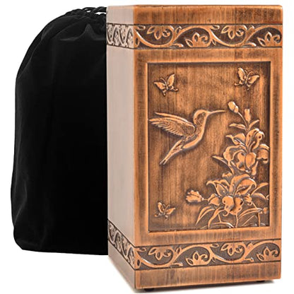 engmvwod Handmade Wooden Engraved Urn for Human Ashes 250lbs Adult Male Female Satin Bag Hummingbird Cremation urns Box - WoodArtSupply