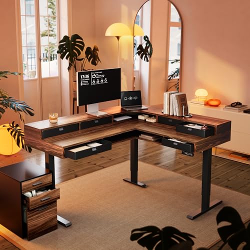 HUANUO 65.5" × 57.6" Electric L Shaped Standing Desk with 6 Storage Drawers, 2-Tier Corner Sit Stand Desk with Power Strip Tray & Cable Grommets, Height Adjustable Computer Gaming Table, Walnut HUANUO