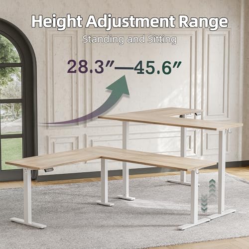 TIQLAB 75 x 61 inch L Shaped Standing Desk Adjustable Height, Electric Corner Standing Desk, Sit Stand Computer Table with Splice Board, Maple TIQLAB